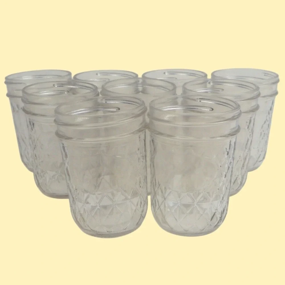 9 VTG Quilted Crystal Glass Jelly Jars Jam Canning Mason Homemakers 8 oz
